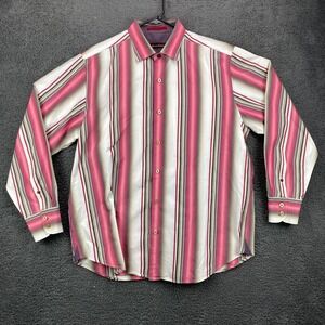 Tommy Bahama Men's Large L/G Pink Gray Stripe Silk Cotton‎ Button Down Shirt